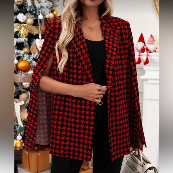 Jackets & Blazers - Red and Black Houndstooth Cape Blazer LIGHTWEIGHT